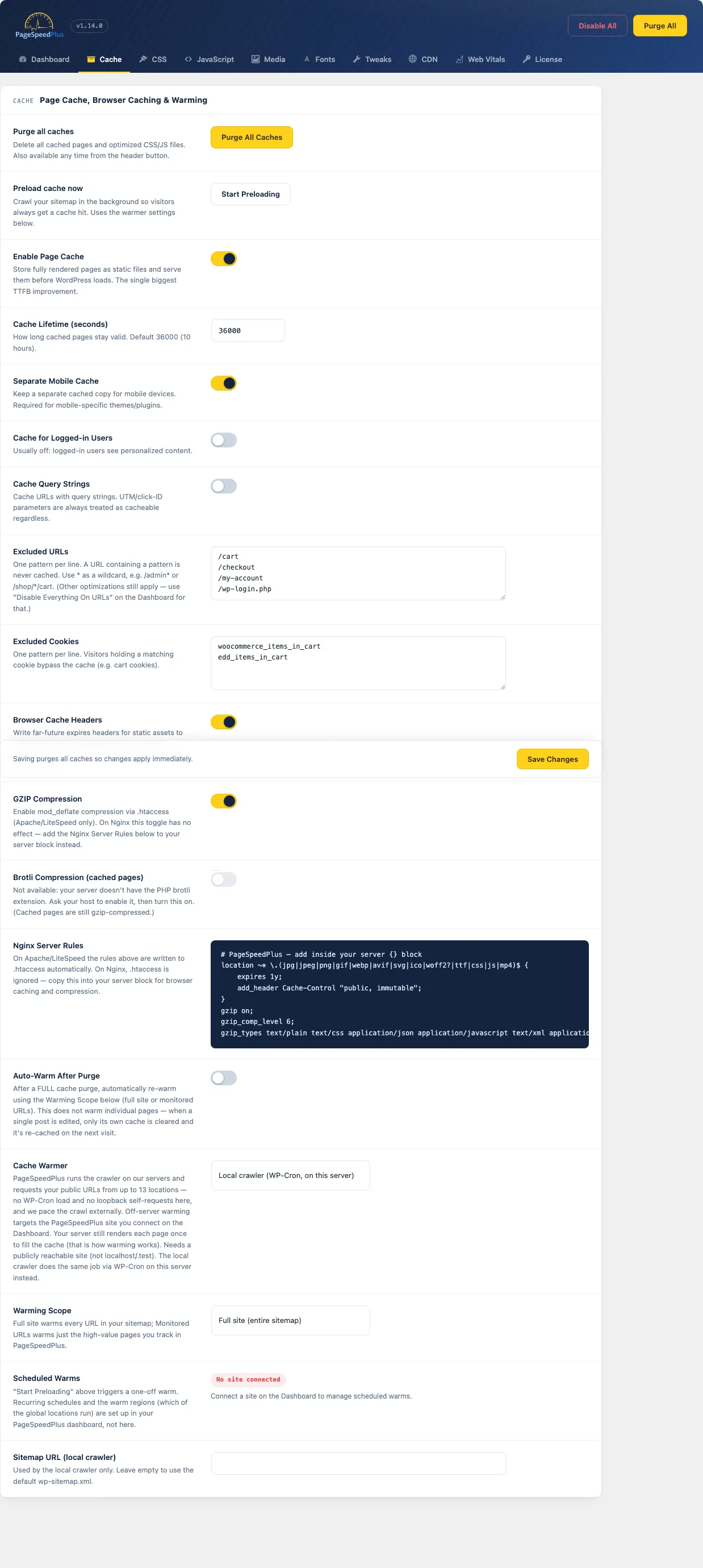Cache settings: page caching, Brotli, warming and Nginx rules