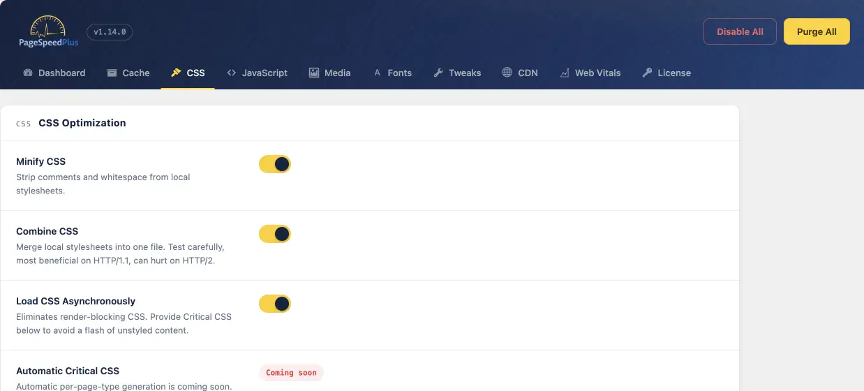 CSS settings: minify, combine and async-load CSS