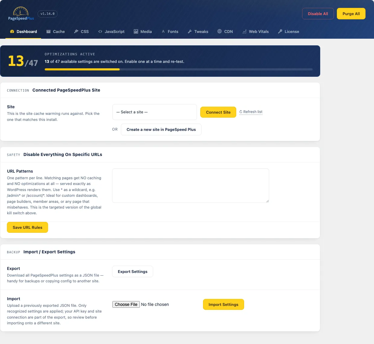 PageSpeed Plus plugin dashboard with active-optimization counter