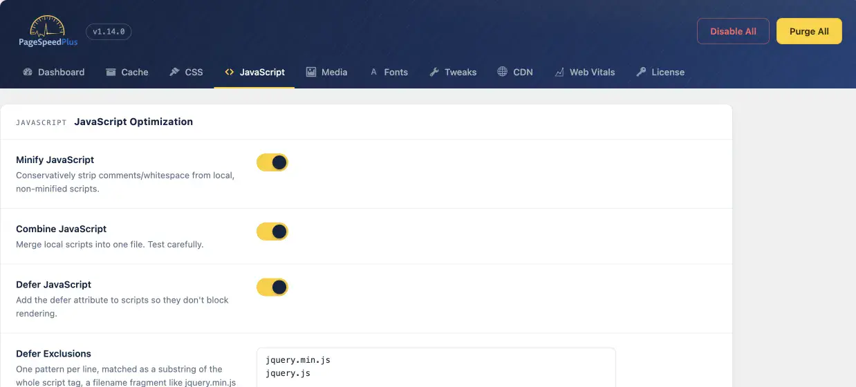 JavaScript settings: delay, defer, minify and combine scripts