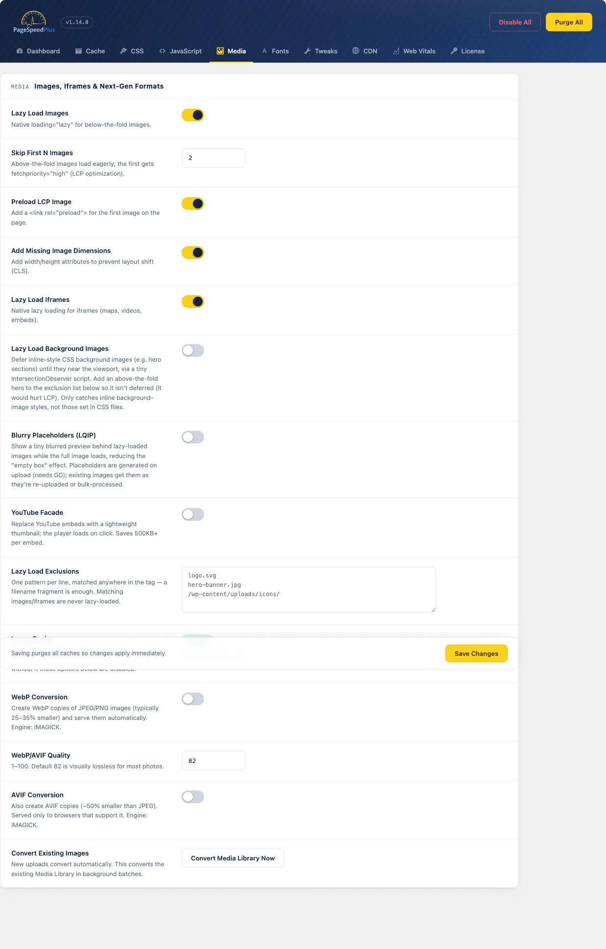 Media settings: lazy loading, WebP/AVIF, LQIP and image engine